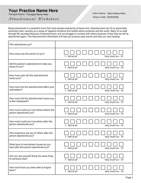 Ask the client to capture events and situations recognized as important during childhood or on reflection as an adult. . Abandonment worksheets pdf
